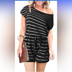 Elegant Off-Shoulder Black and White Striped Jumpsuit